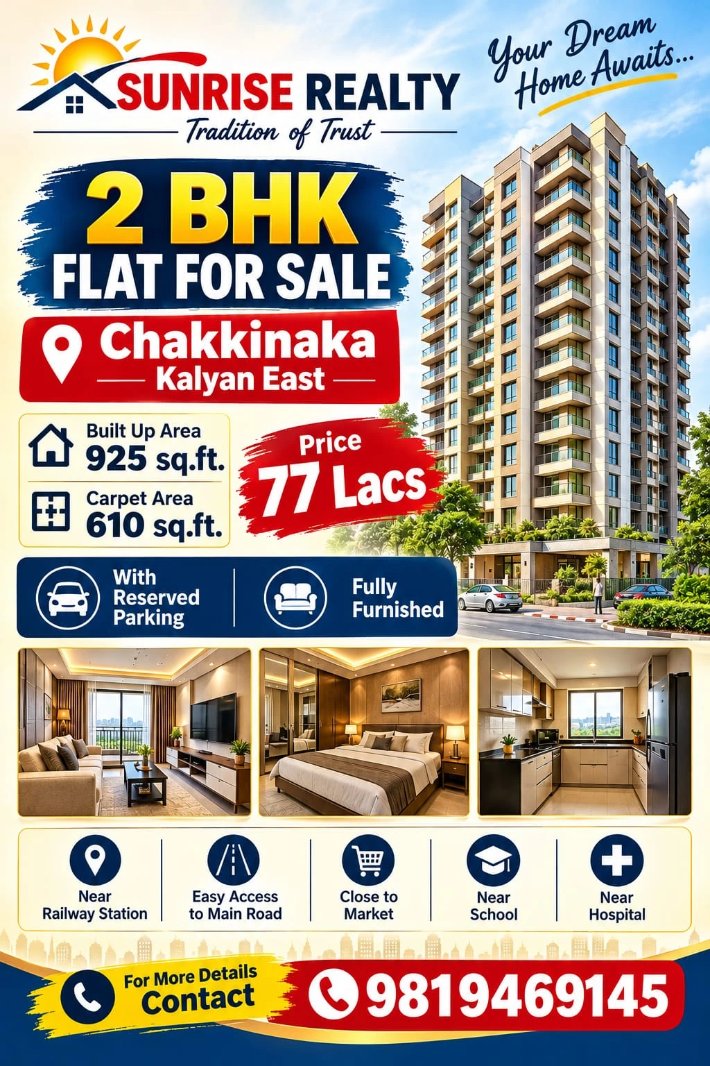 Sunrise Realty marketing poster for 2 BHK flat at Chakkinaka Kalyan East